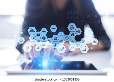 Virtual screen interface. Internet and digital technology in business concept.