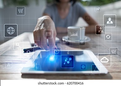 Virtual screen interface. Work Business process in modern office. Strategy planning 
new business startup Background template for text. Touchscreen. internet and technology concept. transparent icon. 