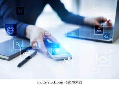 Virtual screen interface. Work Business process in modern office. Strategy planning 
new business startup Background template for text. Touchscreen. internet and technology concept. transparent icon. 