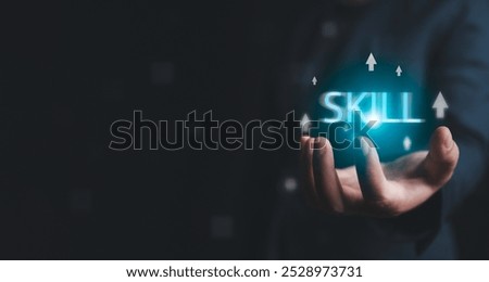 A virtual screen reveals skill development outcomes, showing how learning new skills and adapting to workplace changes enhances professional growth and prepares for the future of work
