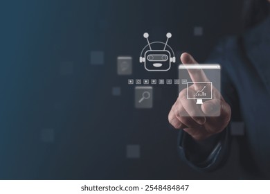 a virtual screen showcasing an AI interface and robotic system settings, highlighting advanced data processing, location search capabilities, and technology-driven analysis results