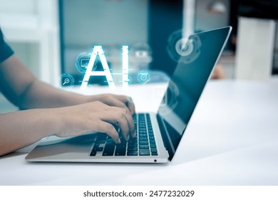 Virtual Screenshots on Notebook Computer Show AI Access and Processing, Intelligent Online Assistants, Data Analysis and Synthesis, Highlighting Advanced AI Technology for Data Management