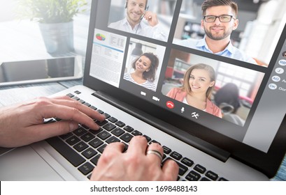 Virtual Talking With Friends, Colleague And Using Video Chat Conference. Remote Learning Or Work. Home Quarantine Or Prevention Of Coronavirus Infection (virus Covid-19). Group Of People Smart Working