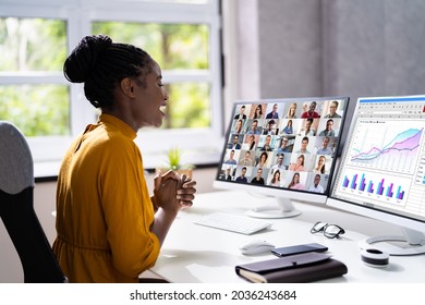 Virtual Telework Webinar And Learning Presentation. African Person Telecommute - Powered by Shutterstock