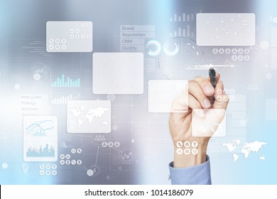 Virtual touch screen. Project management. Data analysis. Hitech technology solutions for business. Development. Icons and graphs background.  Internet and networking.