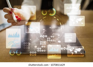 Virtual touch screen. Project management. Data analysis. Hitech technology solutions for business. Development. Icons and graphs background.  Internet and technology.