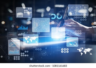 Virtual touch screen. Project management. Data analysis. Hitech technology solutions for business. Development. Icons and graphs background.  Internet and networking.