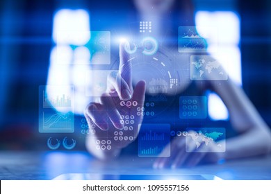 Virtual Touch Screen. Project Management. Data Analysis. Hitech Technology Solutions For Business. Development. Icons And Graphs Background.  Internet And Technology.