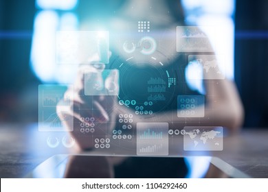 Virtual touch screen. Project management. Data analysis. Hitech technology solutions for business. Development. Icons and graphs background.  Internet and technology.