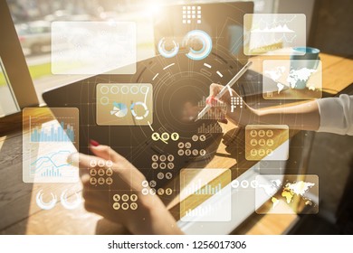 Virtual touch screen. Project management. Data analysis. Hitech technology solutions for business. Development. Icons and graphs background.