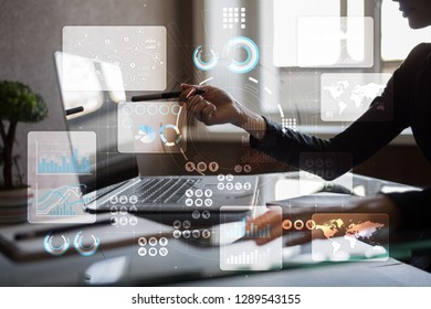 Virtual touch screen. Project management. Data analysis. Hitech technology solutions for business. Development. Icons and graphs background. - Powered by Shutterstock - Get 15% off with code: PIKWIZARD15