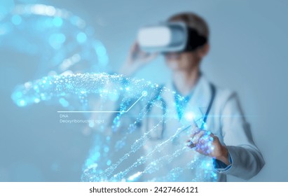 Virtual training and practice for medical workers. Woman doctor geneticist in virtual reality glasses touching hologram 3D model of DNA chain on grey background, collage - Powered by Shutterstock