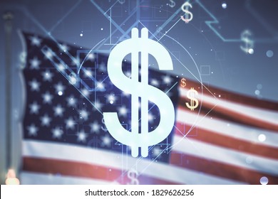 Virtual USD symbols illustration on USA flag and sunset sky background. Trading and currency concept. Multiexposure