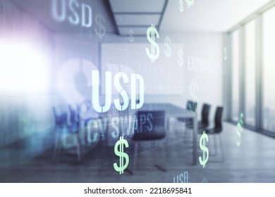 Virtual USD Symbols Illustration On A Modern Conference Room Background. Trading And Currency Concept. Multiexposure