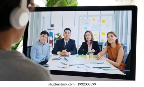 Virtual Video Conference, Work From Home, Brainstorm Planing Teamwork, Asian Business Team Making Video Call By Web, Group Of Asia Team Online Telecommunication Meeting By Computer