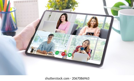 Virtual Video Conference, Work From Home, Brainstorm Planing Teamwork, Asian Business Team Making Video Call By Web, Group Of Asia Team Online Telecommunication Meeting By Digital Tablet