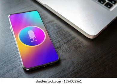 Virtual Voice Assistant And Personal Sound Recognition Siri Application With Deep Learning AI On Smartphone Screen. Close-up Mobile Phone With Microphone Icon And Waves Sound Icon