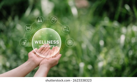Virtual wellness elements hovering over hands in nature. Holistic health concept