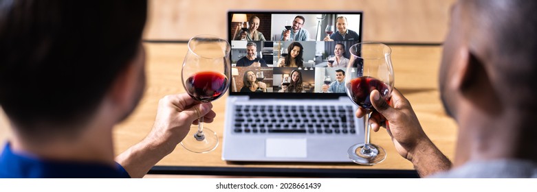 Virtual Wine Tasting Online Dinner Party On Laptop