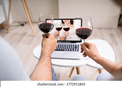 Virtual Wine Tasting Using Laptop. Online Party And Drinks