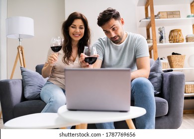 Virtual Wine Tasting Using Laptop. Online Party And Drinks