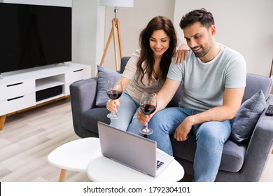 Virtual Wine Tasting Using Laptop. Online Party And Drinks