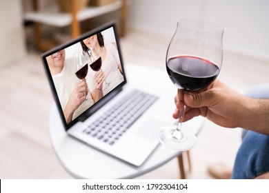 Virtual Wine Tasting Using Laptop. Online Party And Drinks