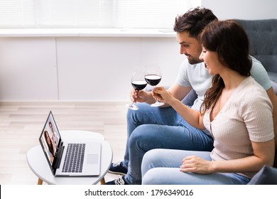 Virtual Wine Tasting Using Laptop. Online Party And Drinks