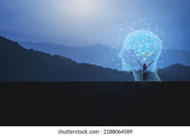 Virtual woman with symbolic neurons in her brain. freedom of thought creativity Creativity and innovation  evening sky background - Shutterstock ID 2188064589