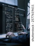Virtual workspace showcasing fictional code, emphasizing innovation, adaptability, and creative process in technologically advanced environment. Concept of IT solutions, applications, digital. Ad