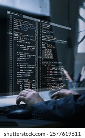 Virtual workspace showcasing fictional code, emphasizing innovation, adaptability, and creative process in technologically advanced environment. Concept of IT solutions, applications, digital. Ad