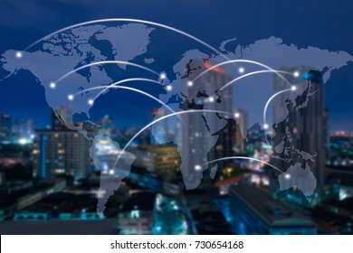 Virtual world map with connexions network on cityscape in the night background