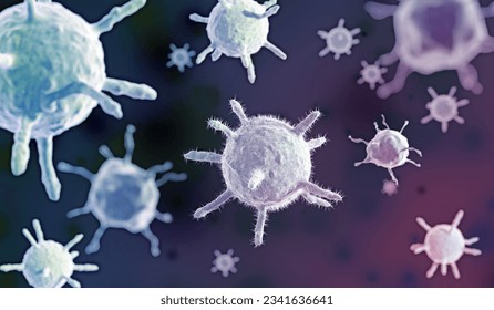 células de virus en fondo morado oscuro, ilustración 3D