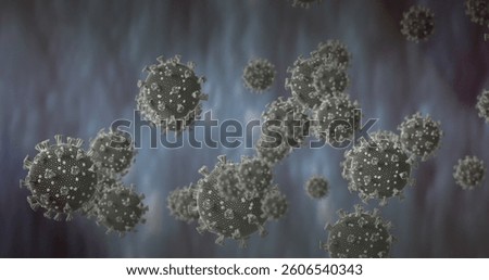 Virus cells floating over grey background, detailed and colorful depiction. Pathogen, microscopic, infectious, microorganism, biology, outbreak