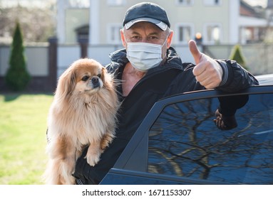 Virus Concept. Senior Man In Mask With His Dog, Risk For Health, Seasonal Problem