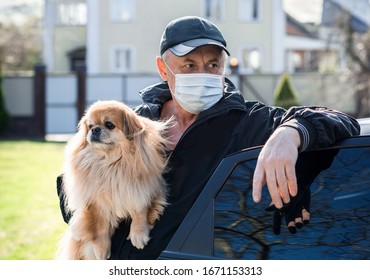 Virus Concept. Senior Man In Mask With His Dog, Risk For Health, Seasonal Problem