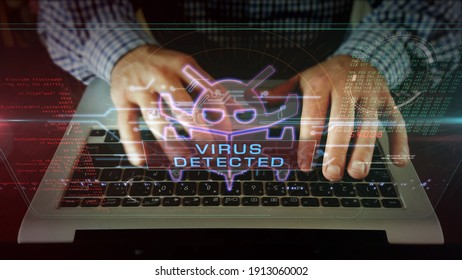 Virus detected symbol, computer attack, cyber security, antivirus and digital worm icon. Man typing on keyboard. Futuristic abstract concept 3d rendering. Programmer, developer or hacker coding.
