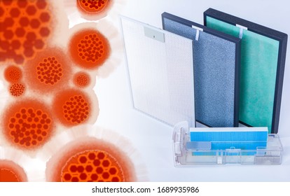 Virus Is Next To The Filters From The Air Conditioner. Concept - The Spread Of Infection Through The Ventilation System. The Spread Of The Virus Through The Air. Concept - Airborne Droplets.