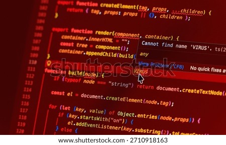 Virus note on written computer code in closeup shot on monitor - white letters on red background - concept of digitisation, security and course of a program script
