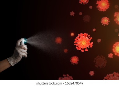 Virus Picture, Germs, Coronavirus Disinfectants, Covid19 Disinfectants, Spraying Alcohol To Kill Coronavirus Or Covid -19,cleaning Coronavirus And Covid 19.3d Render,virus And Covid-19 Concept.