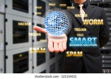Virus protected by Programmer in data center room : Elements of this image furnished by NASA