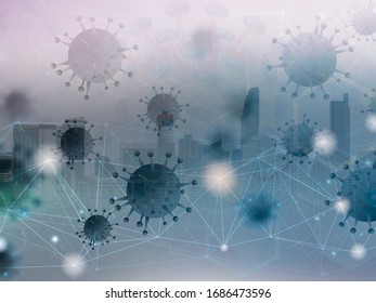 Virus replacement image And connection Spread. The backdrop is a city image.