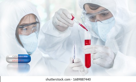 Virus Researcher With Coronavirus Covid19 Blood Sample On Hand Experimenting Coronavirus Covid 19 Vaccine And Antiviral Or Anti Flu Drug Capsule, Coronavirus Covid 19 Drug Research