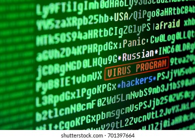 Virus signature in program code. Computer virus concept. Russian hackers attack.