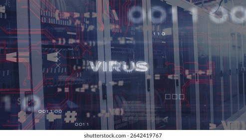 VIRUS text floating over server racks in data center, with circuit overlay, binary code and icons. Technology, cybersecurity, digital, network, infrastructure, innovation, high-tech