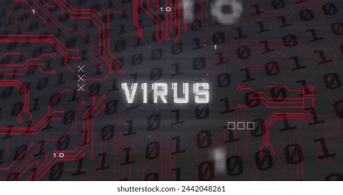 Virus text and microprocessor connections against binary coding data processing on grey background. . Cyber security and computer interface technology concept