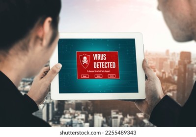Virus warning alert on computer screen detected modish cyber threat , hacker, computer virus and malware