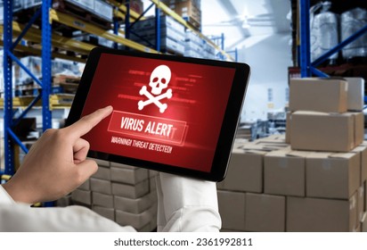 Virus warning alert on computer screen detected modish cyber threat , hacker, computer virus and malware