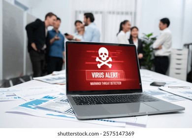 Virus warning alert on computer screen detected brisk cyber threat , hacker, computer virus and malware
