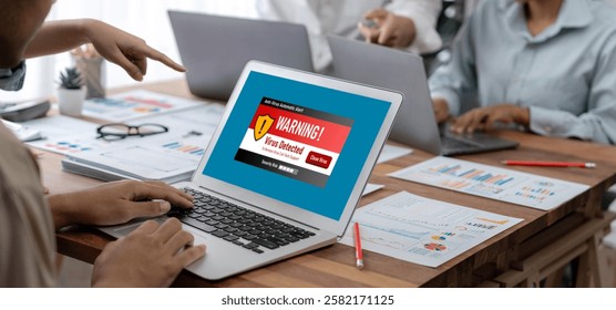 Virus warning alert on computer screen detected brisk cyber threat , hacker, computer virus and malware